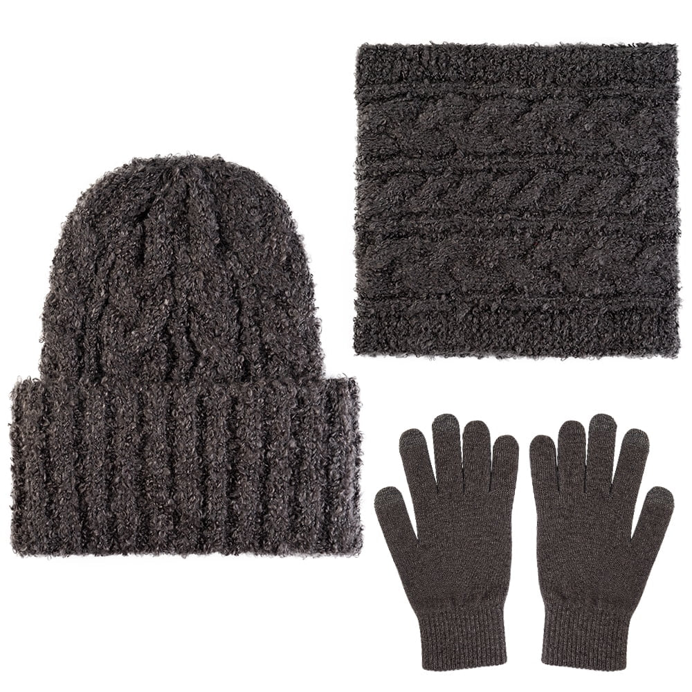 3 Pieces Winter Beanie Hat Gloves Scarf for Men and Women, Knit Fleece Lined Warm Gloves Beanie Scarf Set, Gray