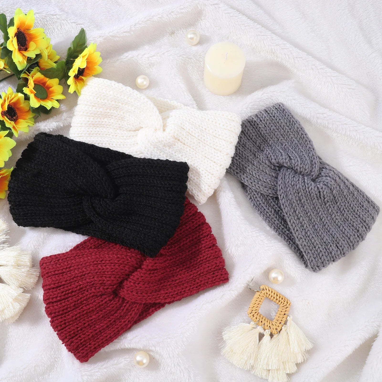 4 Pcs Ear Warmers Headband, Knit Headbands for Women, Ear Wraps for Women, Winter Ear Warmer, Twisted Elastic Turban Head Wrap with Bow Knot