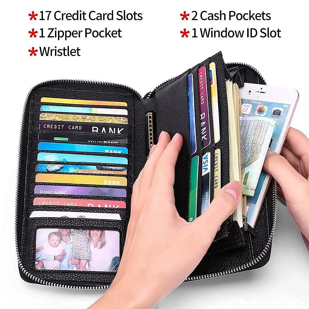 Women Leather Wallets RFID Blocking Zip around Credit Card Holder Phone Clutch