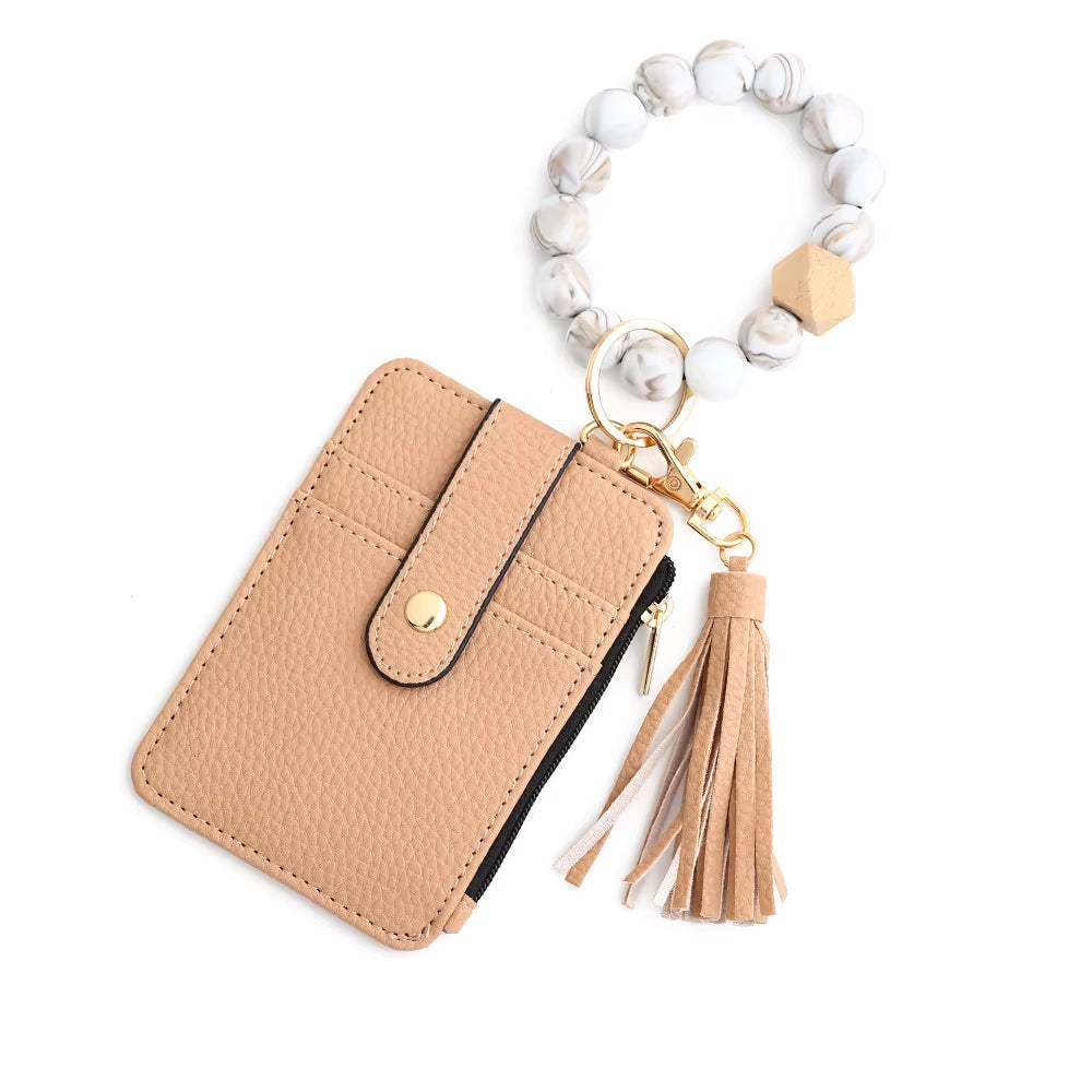 Silicone Bead Pu Leather Key Chain Wristlet Id Credit Card Holder Keychain Wallet for Women with Bangle Bracelet