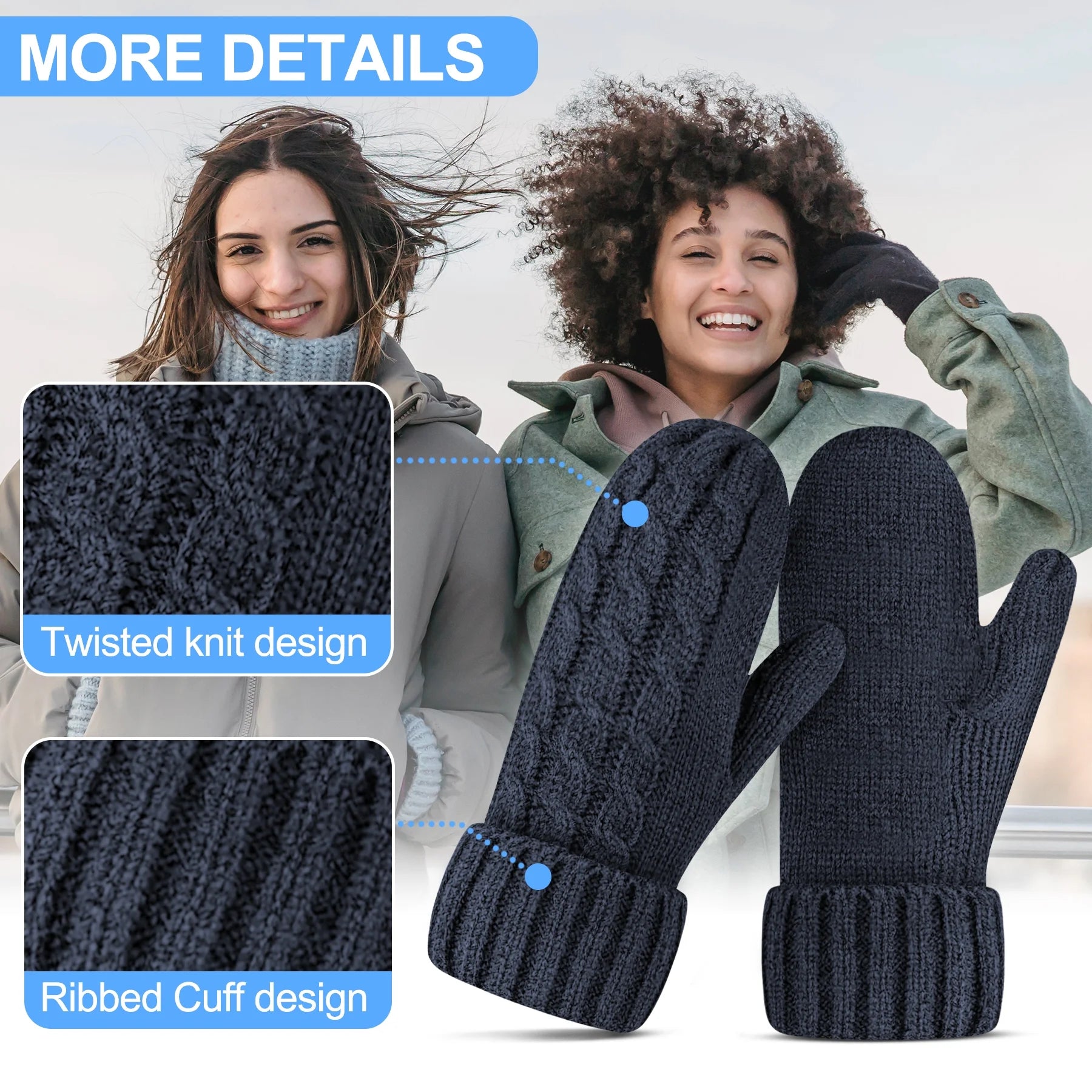 Women'S Mittens Winter Thick Gloves- Warm Soft Lining Cozy Hand Warmer Cable Knit for Women Girls