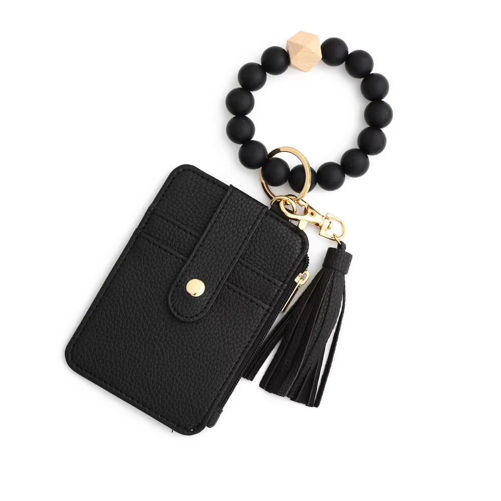 Silicone Bead Pu Leather Key Chain Wristlet Id Credit Card Holder Keychain Wallet for Women with Bangle Bracelet