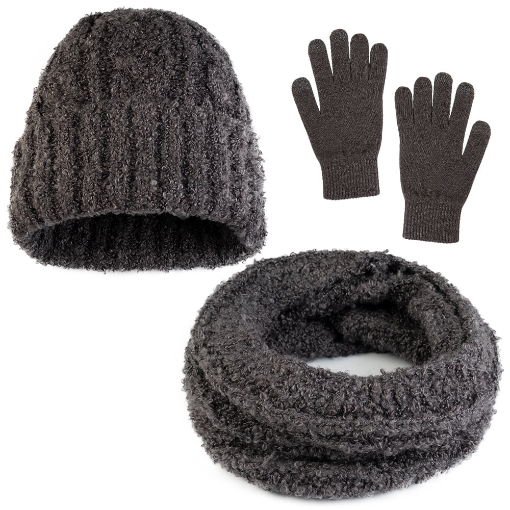 3 Pieces Winter Beanie Hat Gloves Scarf for Men and Women, Knit Fleece Lined Warm Gloves Beanie Scarf Set, Gray