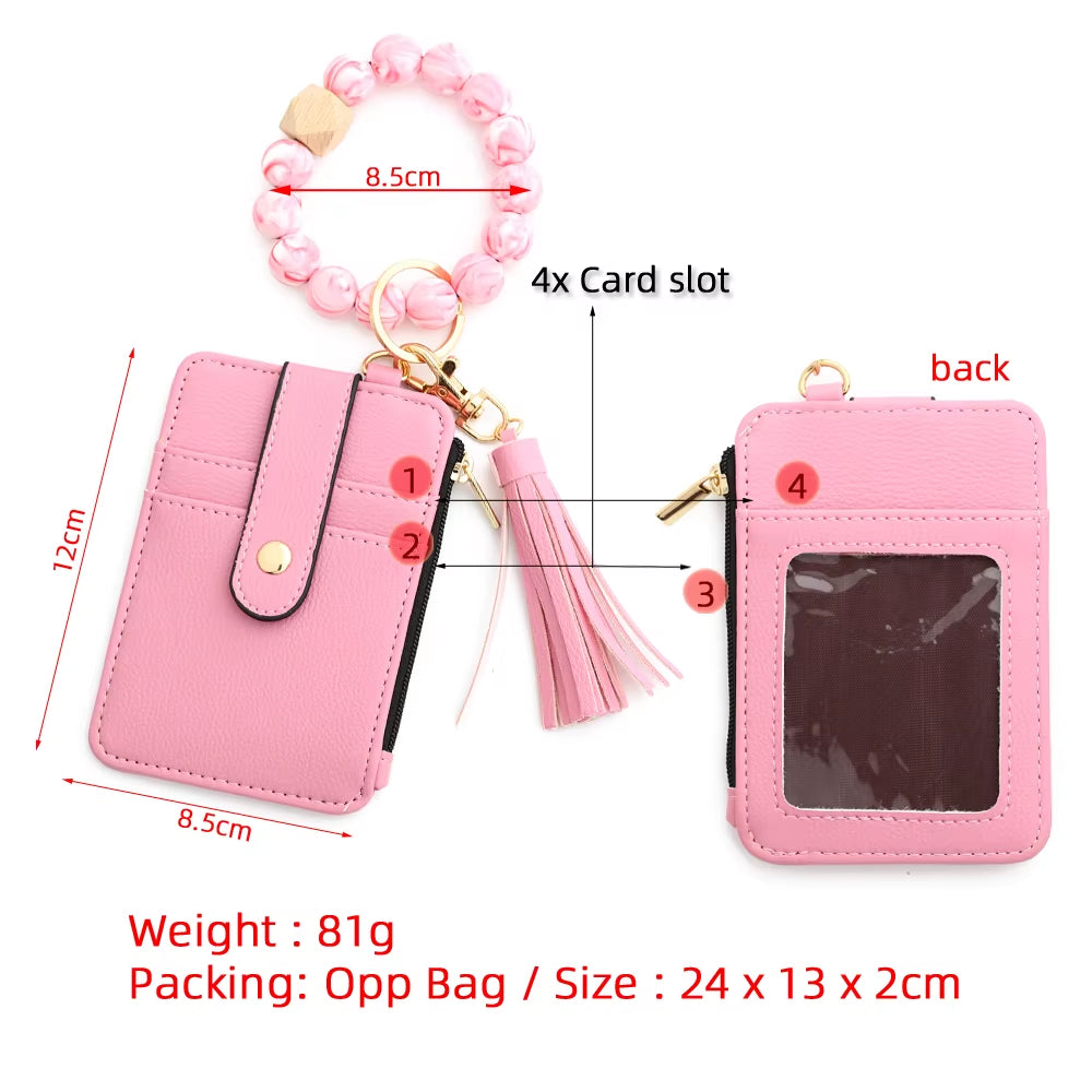 Silicone Bead Pu Leather Key Chain Wristlet Id Credit Card Holder Keychain Wallet for Women with Bangle Bracelet