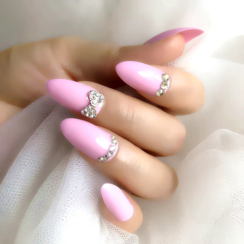 Wholesale 14Colors Custom Fake Nails Full Rhinestones Sequins Stiletto Press on False Nails Artificial Nails Art 24Pcs Tips