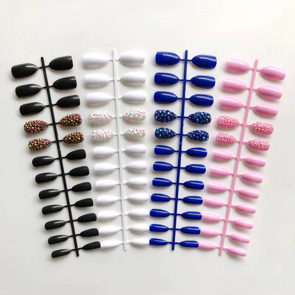 Wholesale 14Colors Custom Fake Nails Full Rhinestones Sequins Stiletto Press on False Nails Artificial Nails Art 24Pcs Tips