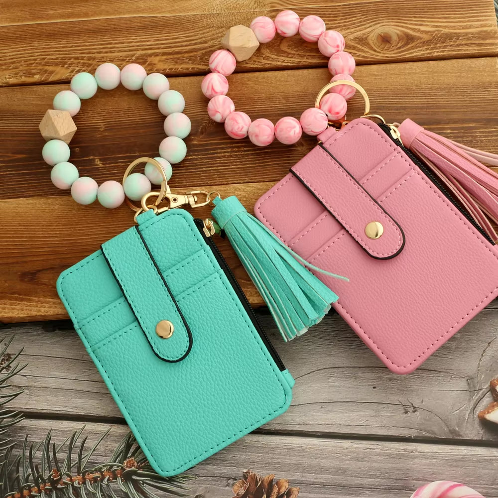 Silicone Bead Pu Leather Key Chain Wristlet Id Credit Card Holder Keychain Wallet for Women with Bangle Bracelet