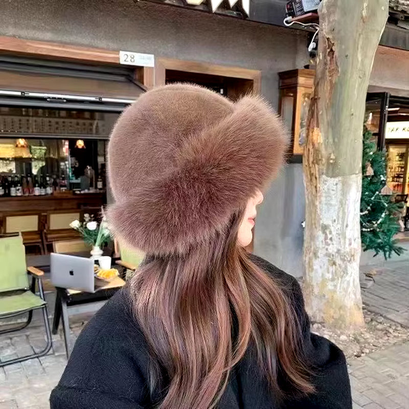 Autumn and Winter 2024 New Women'S Fashion Fur Cap Fur Hat Fur Hats Mongolian Hat Brimless Plush Fluffy Skiing Riding Warm Caps