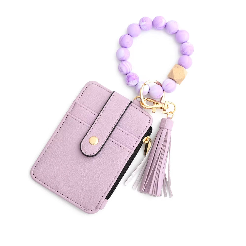 Silicone Bead Pu Leather Key Chain Wristlet Id Credit Card Holder Keychain Wallet for Women with Bangle Bracelet