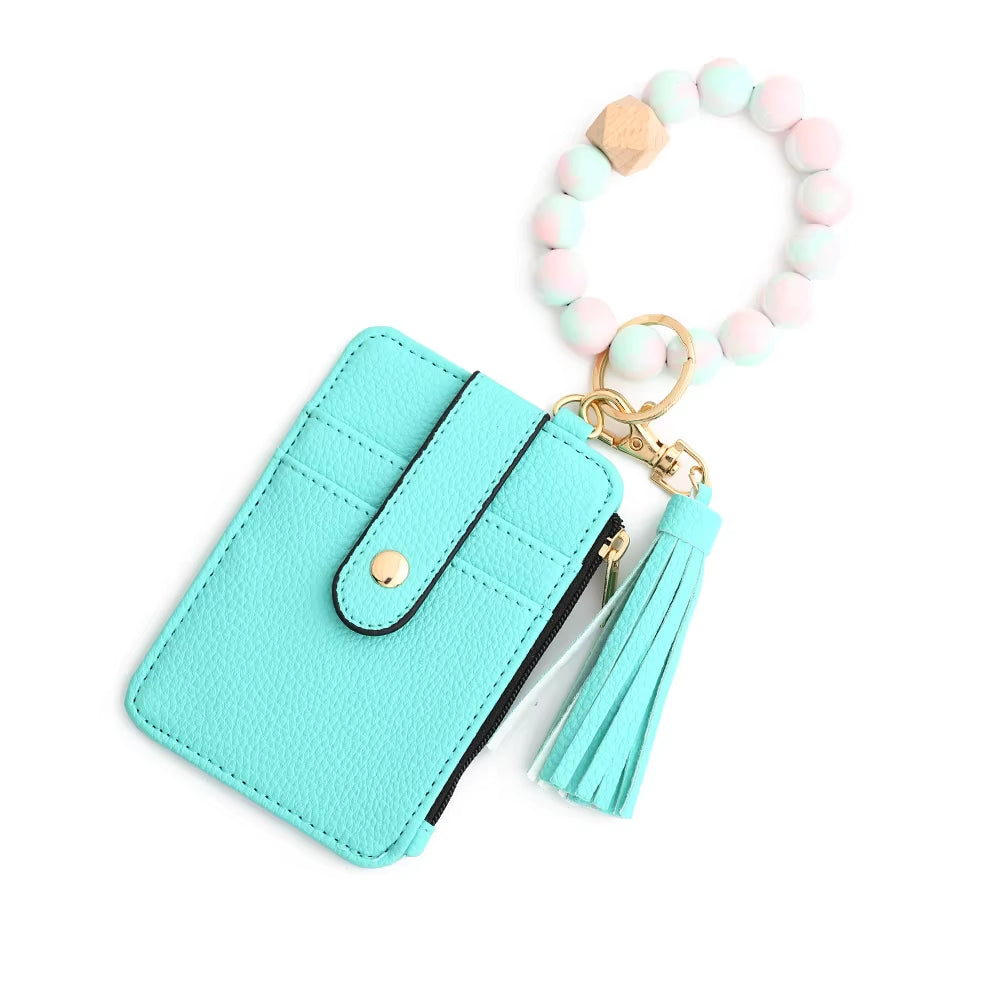 Silicone Bead Pu Leather Key Chain Wristlet Id Credit Card Holder Keychain Wallet for Women with Bangle Bracelet