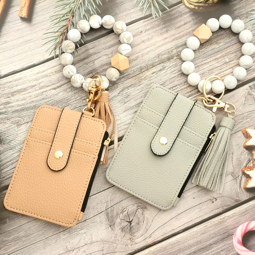 Silicone Bead Pu Leather Key Chain Wristlet Id Credit Card Holder Keychain Wallet for Women with Bangle Bracelet