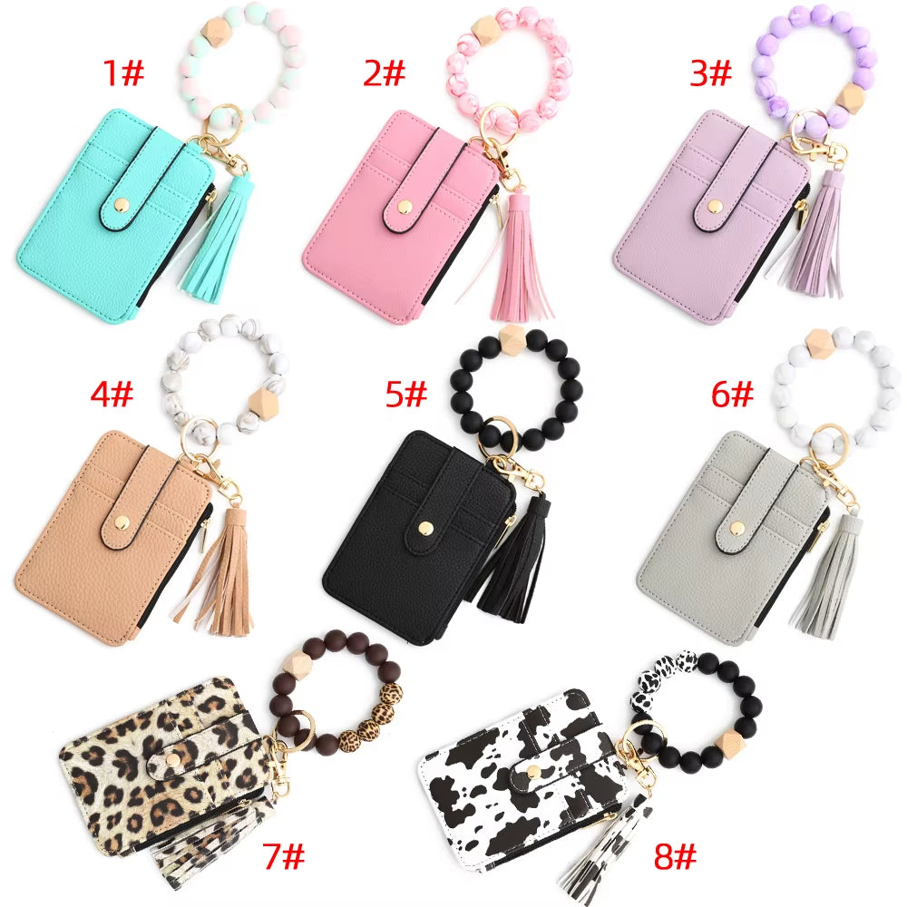 Silicone Bead Pu Leather Key Chain Wristlet Id Credit Card Holder Keychain Wallet for Women with Bangle Bracelet